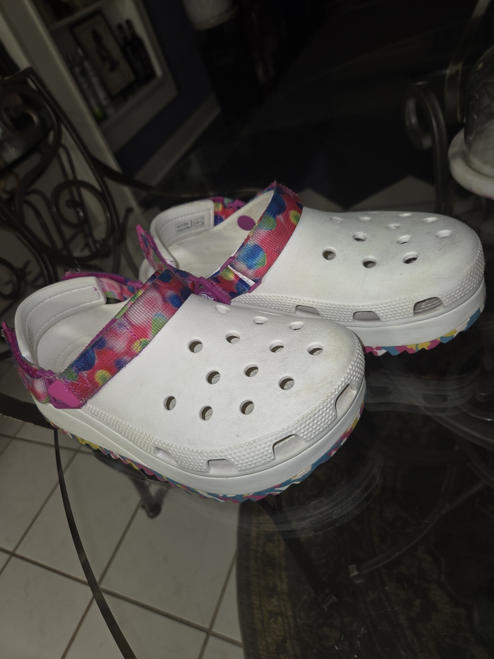 Girls White Crocs Clog Sandals with Multicolor Dot Strap - Picture 2 of 8